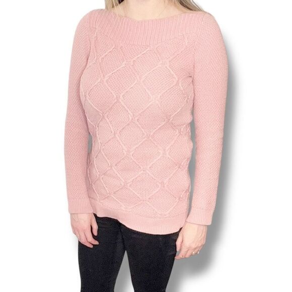 LOFT Dusty Pink Cable Knit Cotton Wide Neck Long Length Sweater Women’s Size XS - Picture 2 of 10